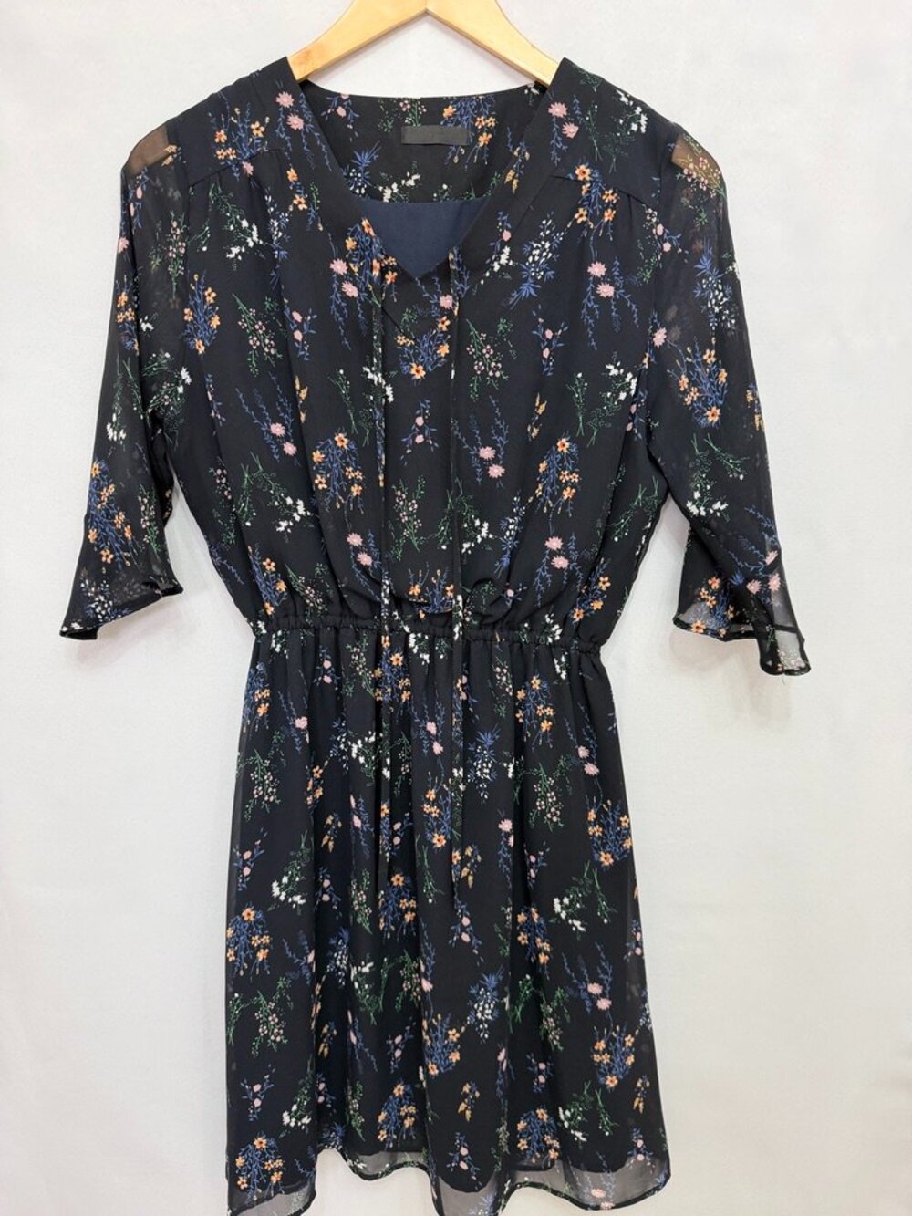 s.Oliver Navy Floral Chiffon Tie Neck Dress